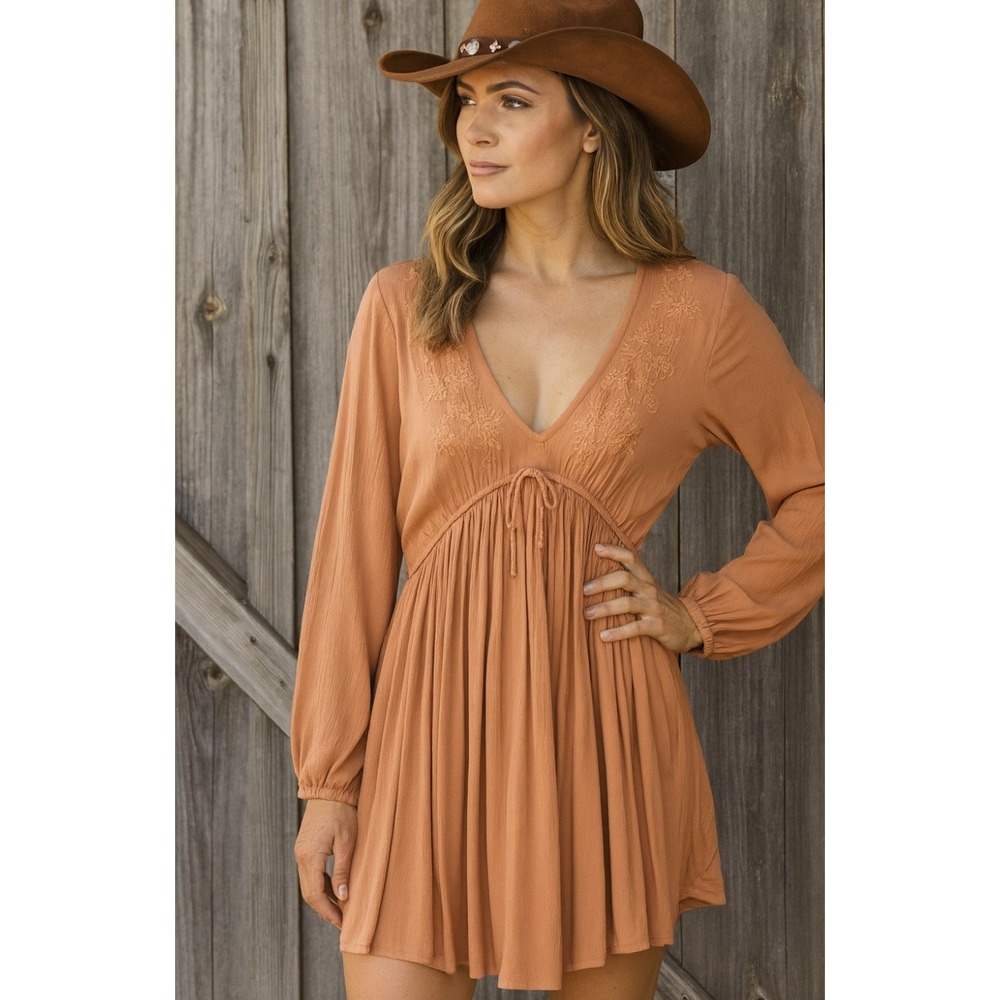Rip Curl Rust Boho Cowgirl Long Sleeve Gauzy Oversized Swing Tunic Dress M